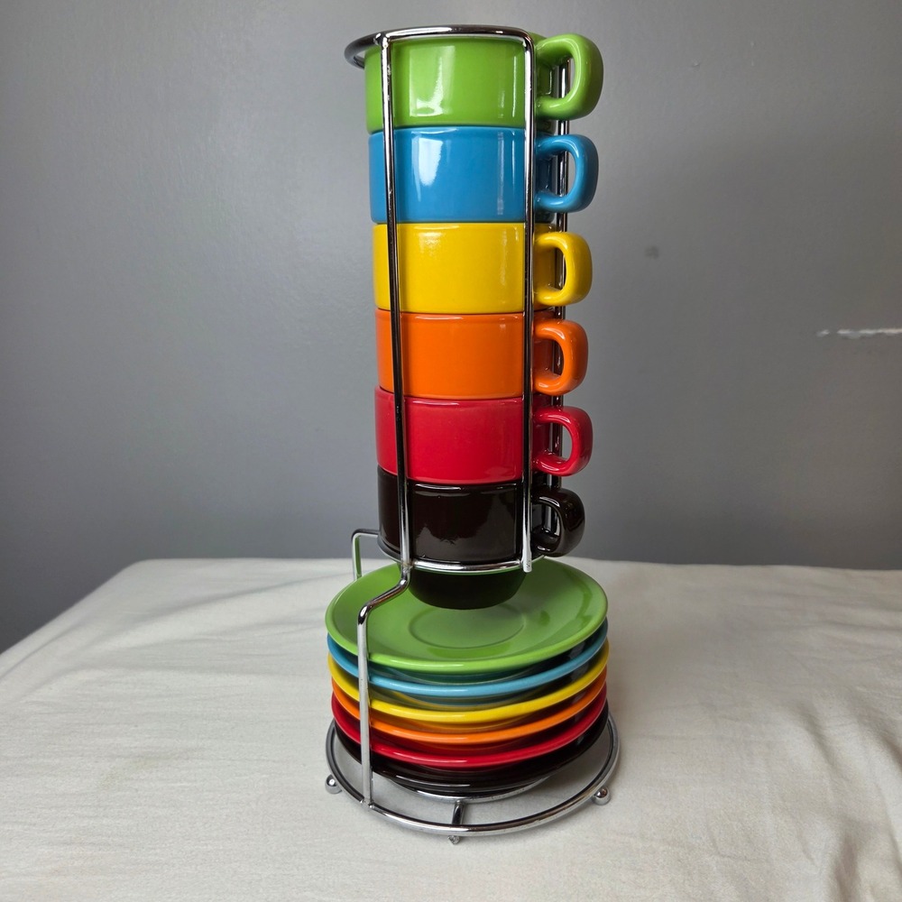 Rainbow Espresso Cup & Saucer Set with Chrome Stacking Rack 13 Piece Multicolor